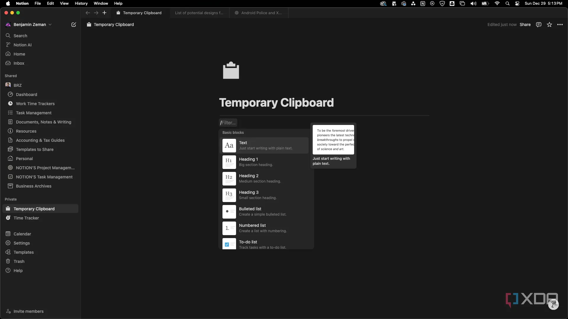 Trang Notion dùng làm bảng nháp hoặc clipboard tạm thời để thử nghiệm bố cục