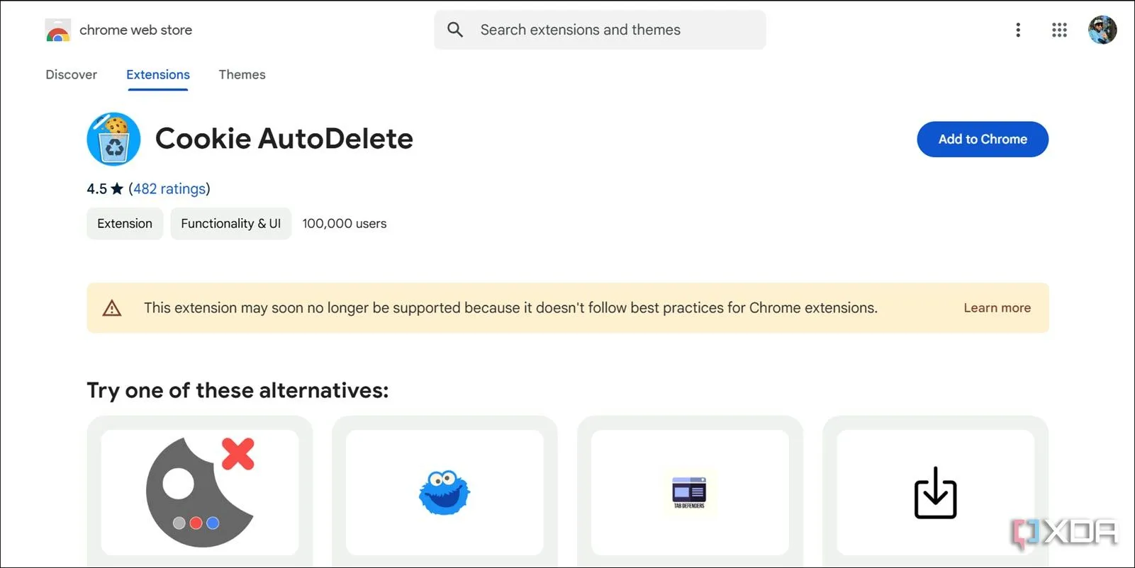 Trang tải tiện ích mở rộng Cookie AutoDelete, nhắc nhở người dùng kiểm tra kỹ lưỡng các extension trước khi cài đặt.