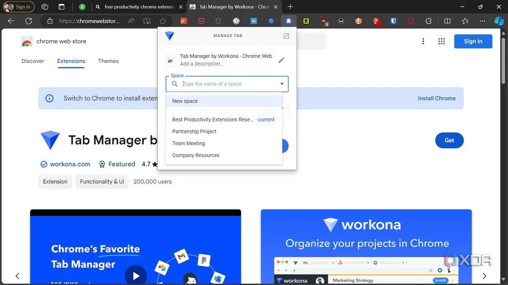 Trang tiện ích mở rộng Workona trong trình duyệt Chrome