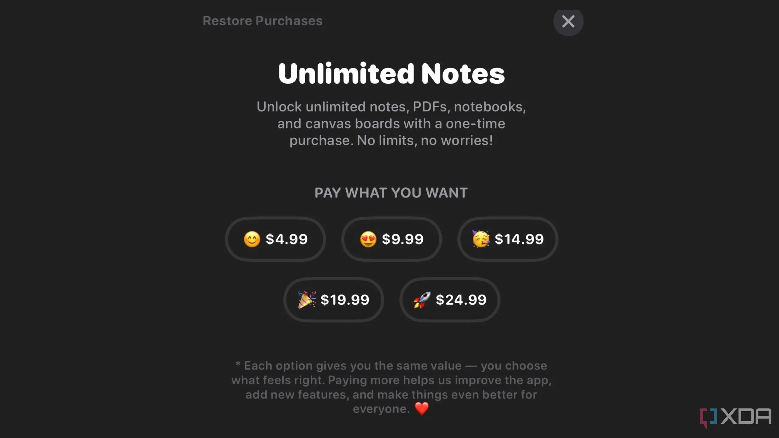 Trang tùy chọn thanh toán &quot;Pay What You Want&quot; của Notedrafts Unlimited Notes