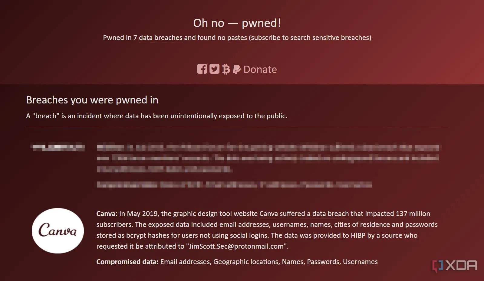 Trang web Have I Been Pwned hiển thị thông tin về vụ rò rỉ dữ liệu Canva năm 2019, giúp kiểm tra tài khoản bị lộ.
