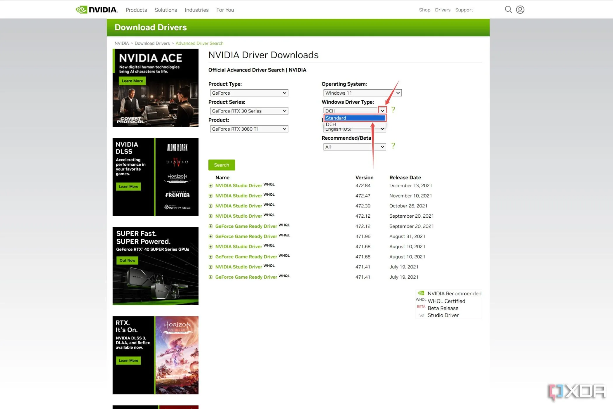 Trang web tải driver Nvidia với lựa chọn driver Standard được làm nổi bật