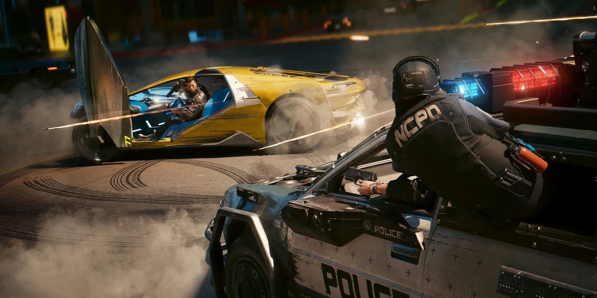 Trích đoạn cảnh game Cyberpunk 2077 thể hiện không gian thành phố tương lai Night City với các phương tiện giao thông
