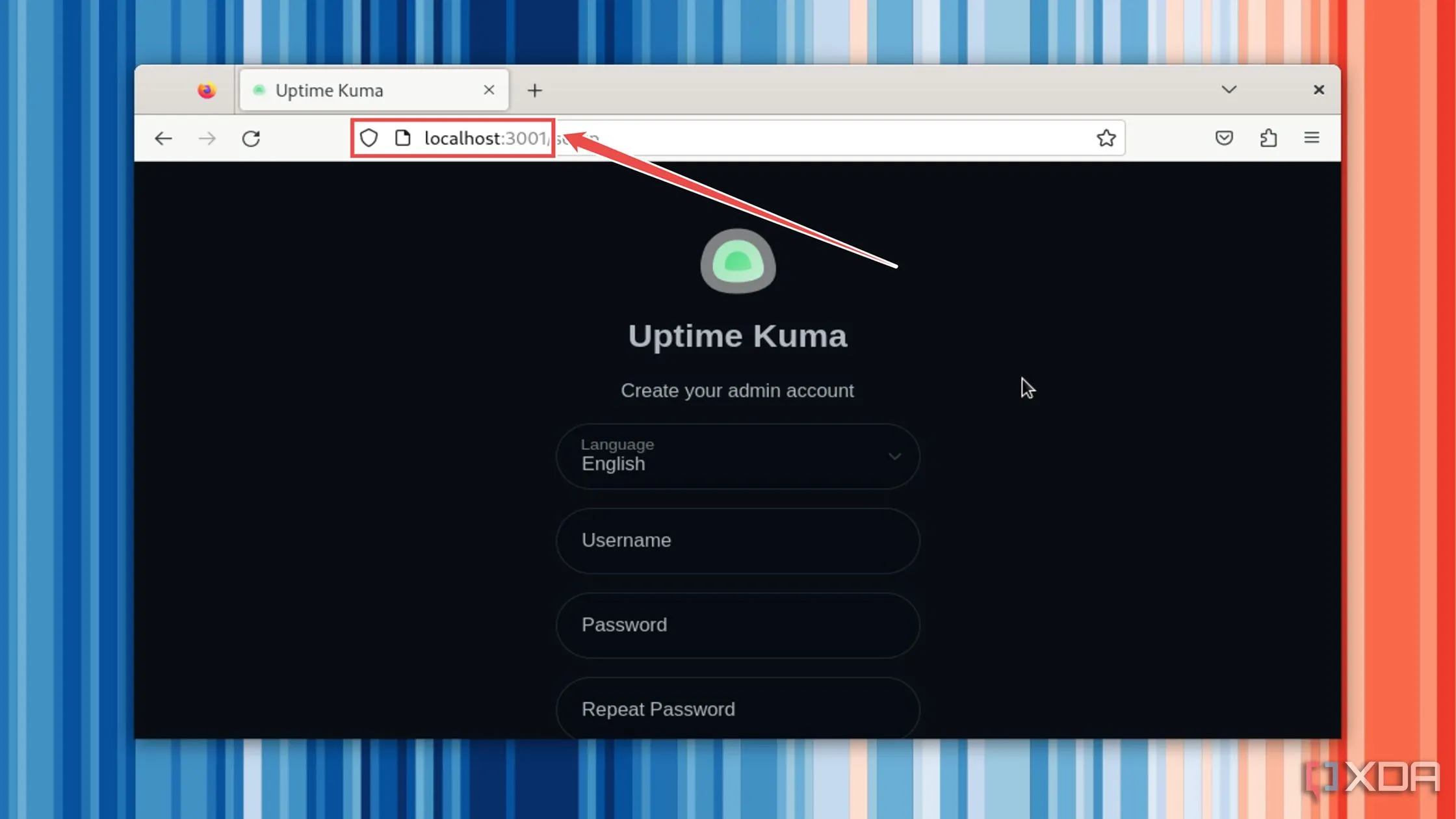 Trình duyệt web hiển thị địa chỉ localhost:3001, cổng truy cập giao diện Uptime Kuma