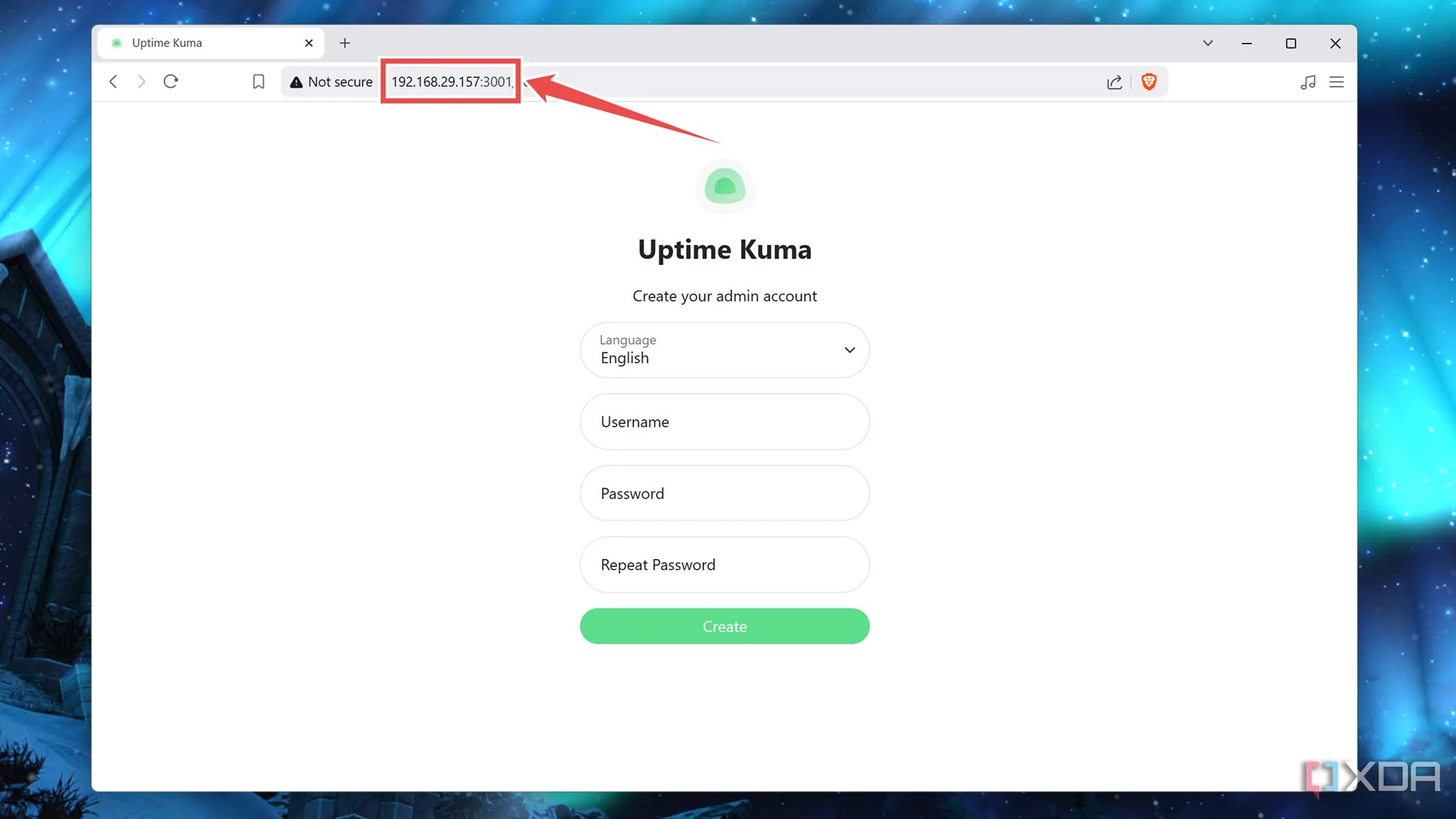 Trình duyệt web hiển thị giao diện người dùng Uptime Kuma sau khi truy cập qua địa chỉ IP của máy chủ