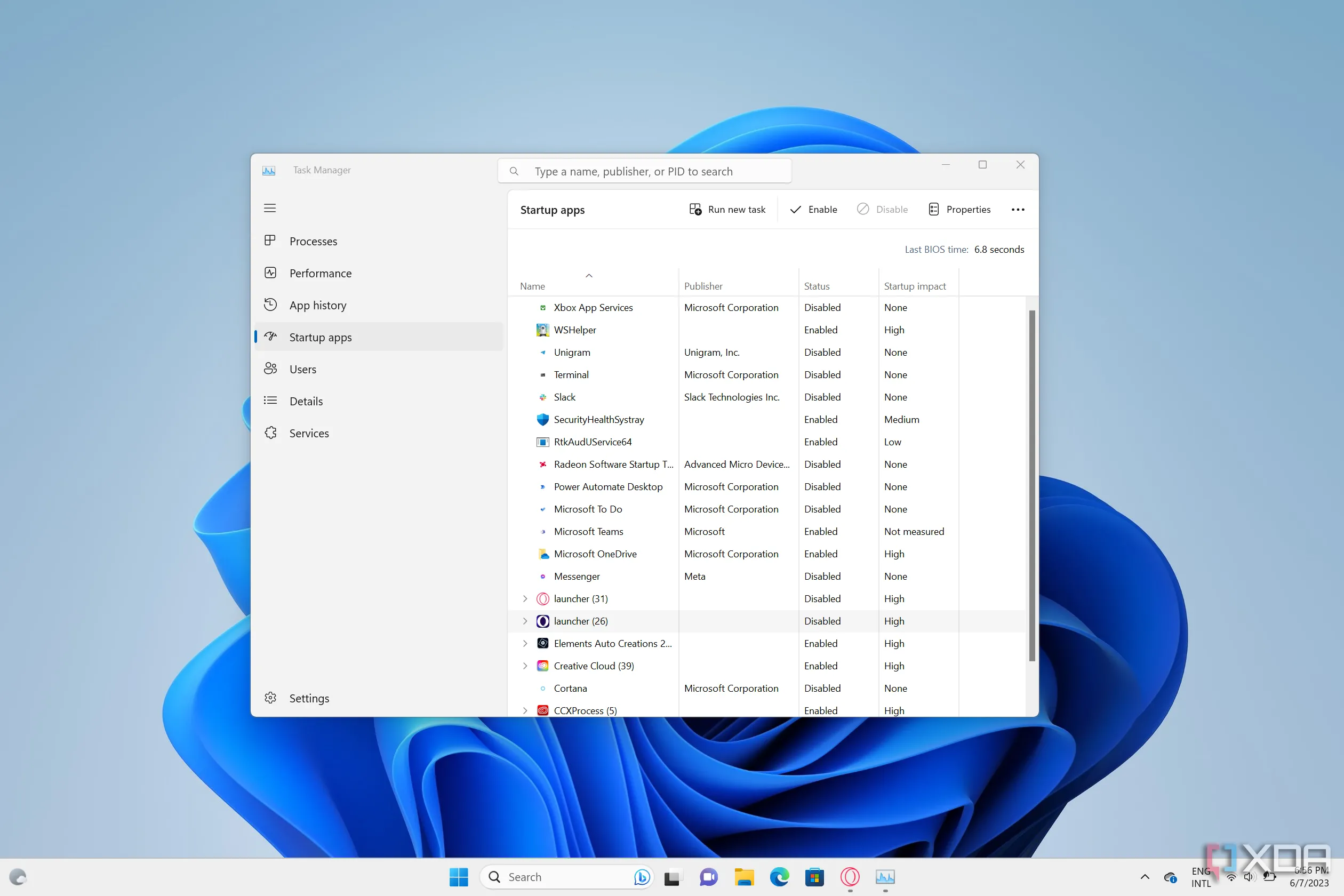 Trình quản lý tác vụ Task Manager trên Windows 11 hiển thị các ứng dụng khởi động, giúp tối ưu hiệu suất.