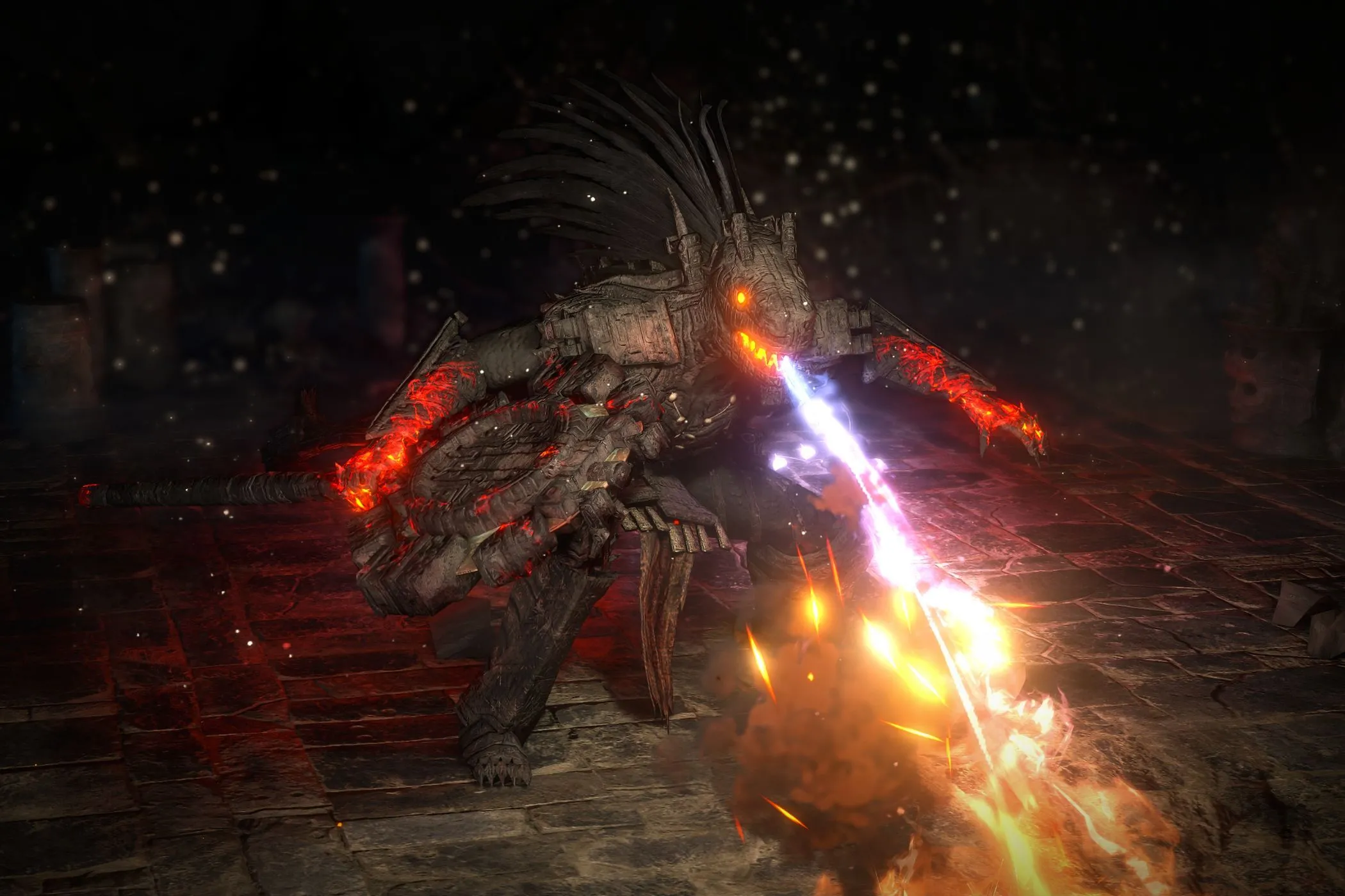 Trùm Blackjaw thở lửa trong đấu trường Path of Exile 2, minh chứng cho các trận đấu boss hấp dẫn