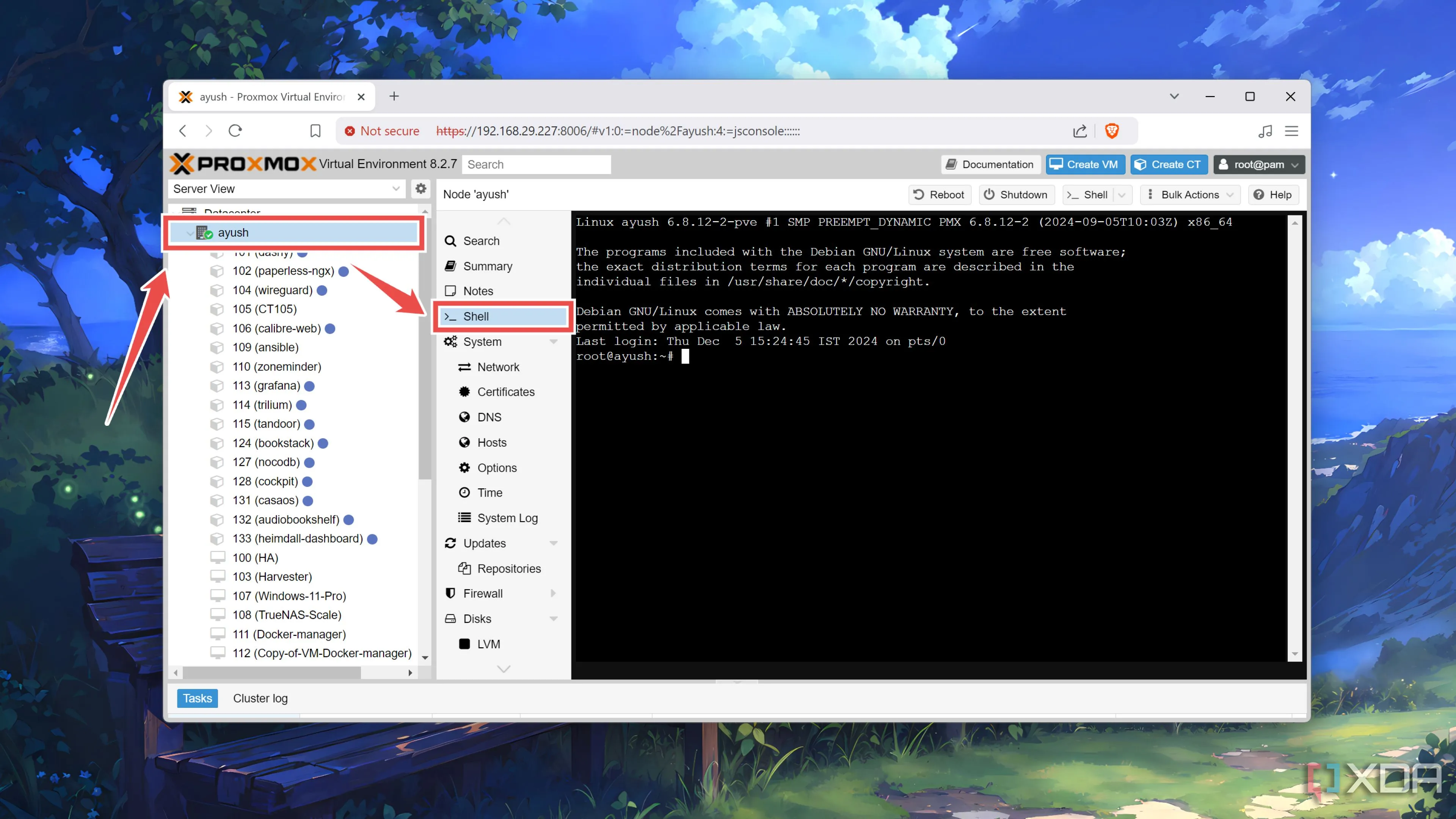 Truy cập menu Shell của một node Proxmox
