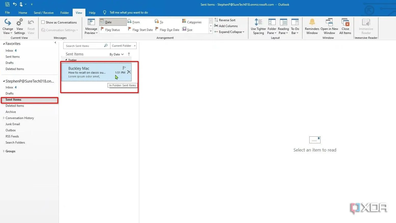 Truy cập thư mục mục đã gửi và nhấp đúp vào email cần thu hồi trong Classic Outlook