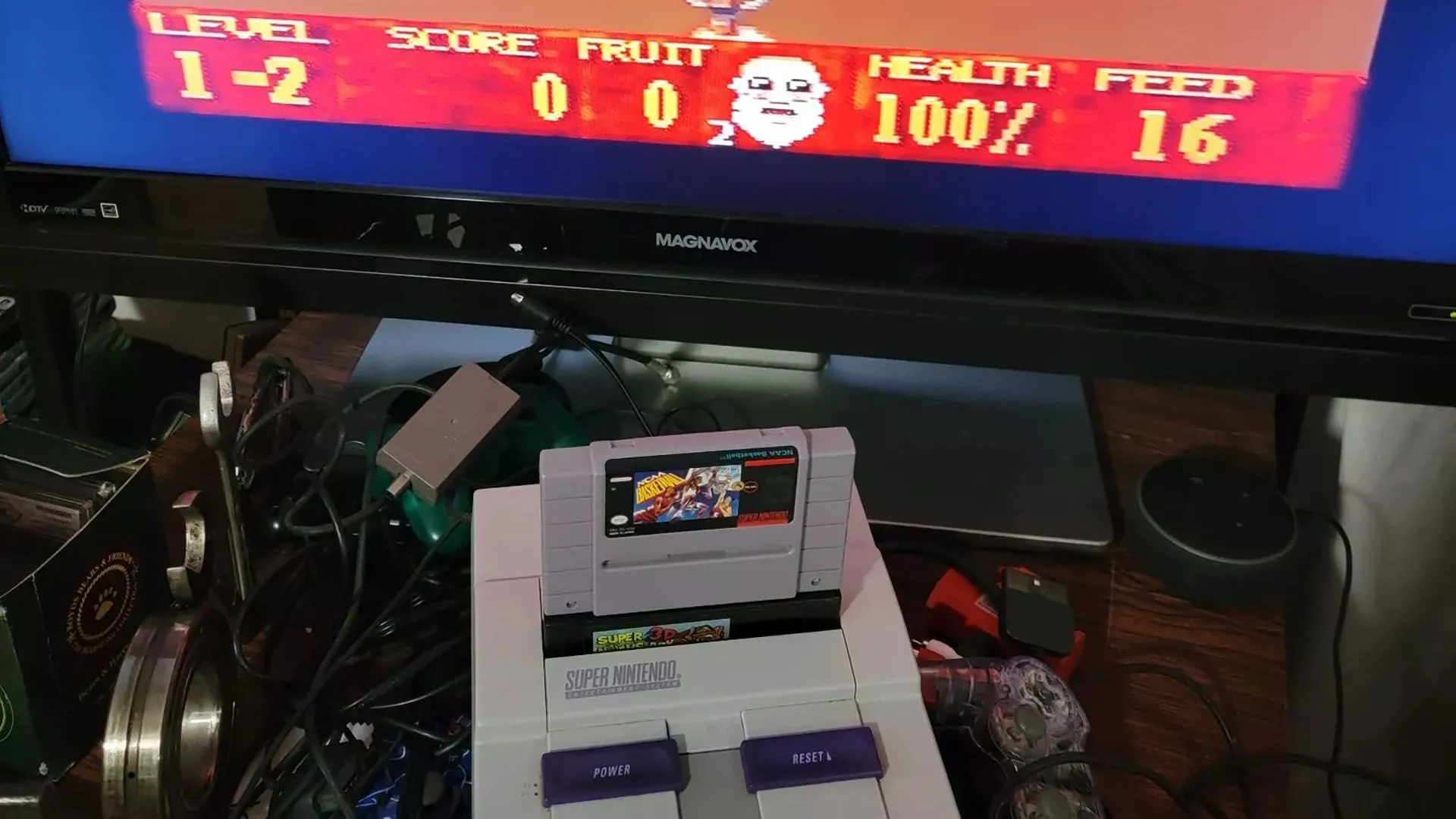 Tựa game Super Noah's Ark 3D đang chạy trên giả lập SNES, thể hiện đồ họa 2D đặc trưng.