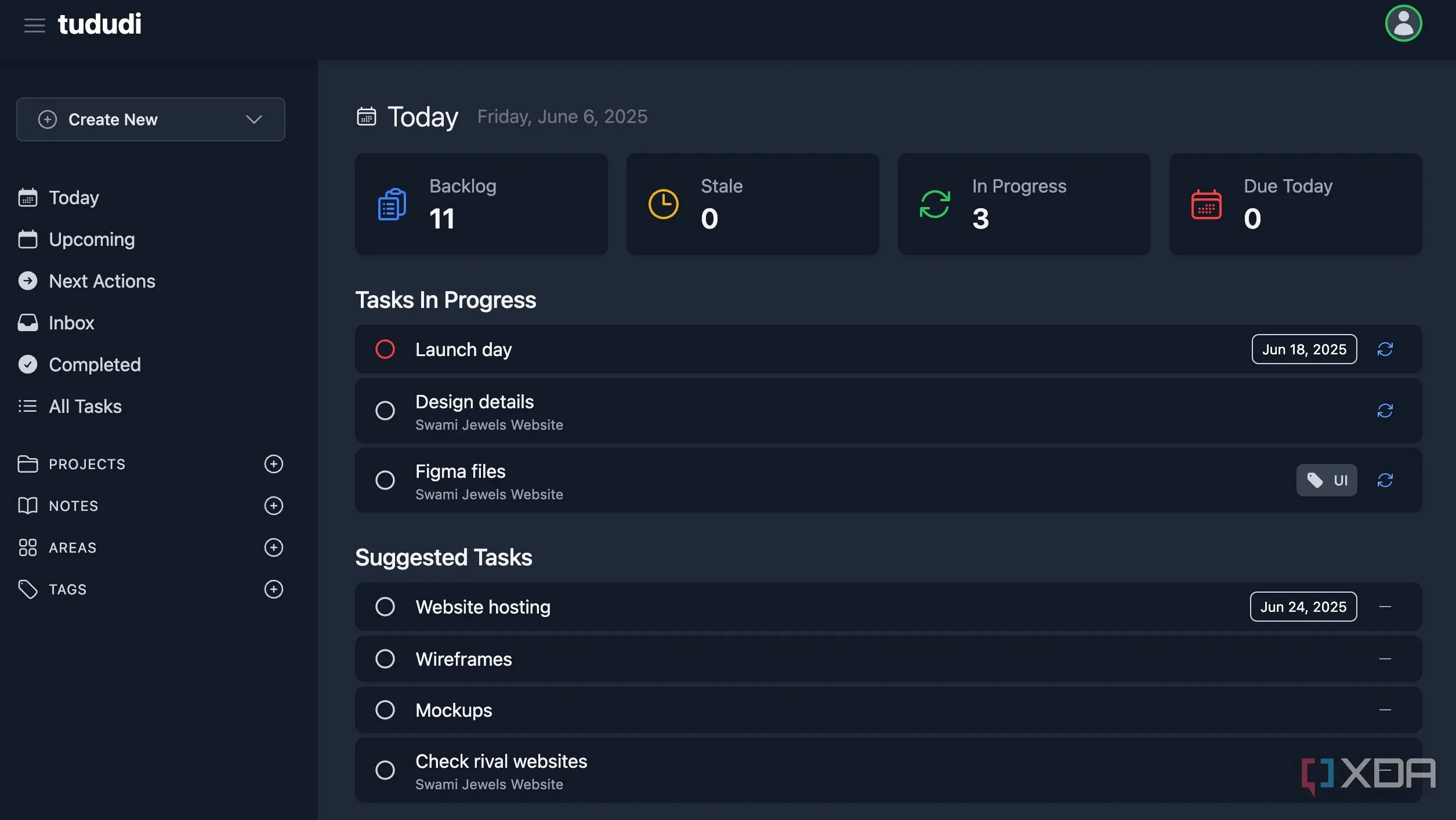 Tududi Dashboard: Tổng quan các tác vụ đang chờ, quá hạn và sắp đến hạn