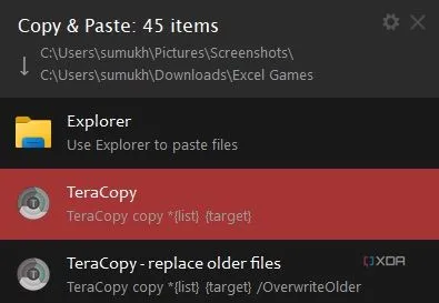 Tùy chọn chọn TeraCopy trong menu ngữ cảnh của Windows Explorer, cho phép người dùng kích hoạt TeraCopy để sao chép file nhanh chóng.
