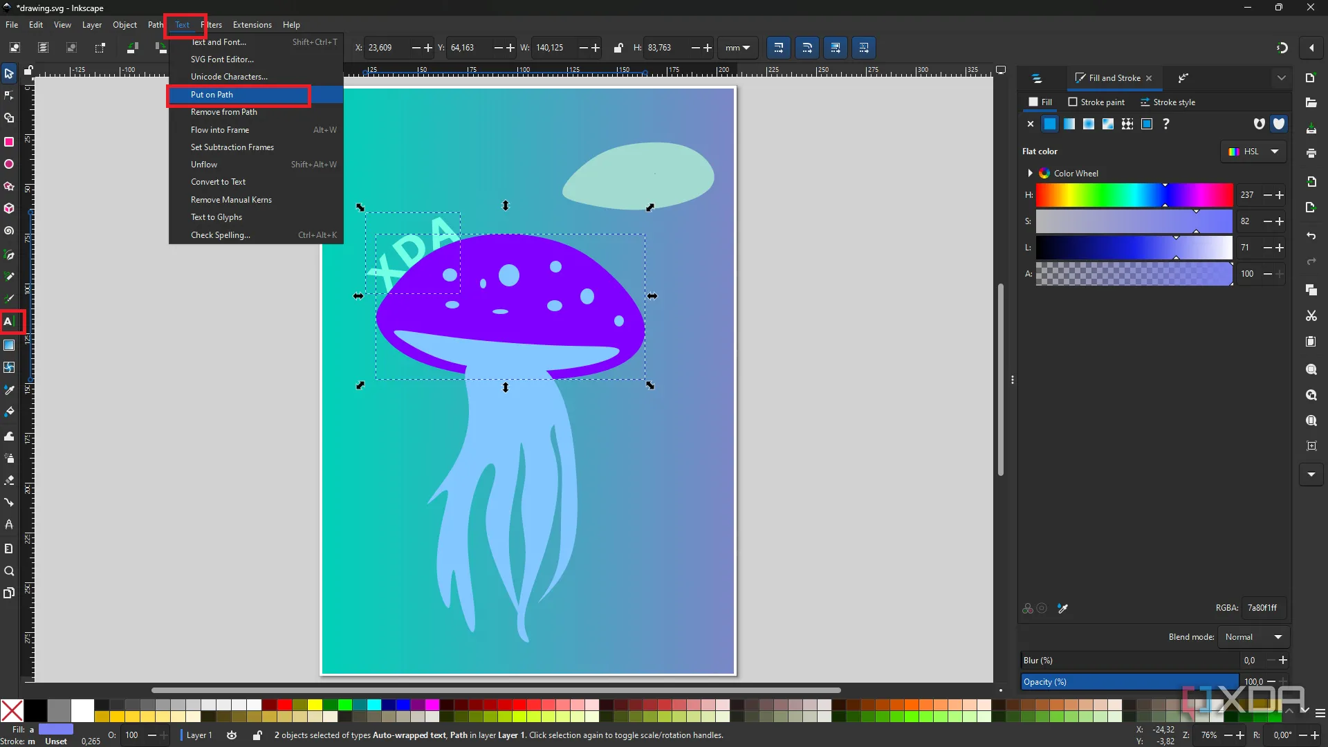Tùy chọn công cụ văn bản nâng cao của Inkscape, hiển thị cách điều chỉnh typography và đặt chữ lên đường dẫn