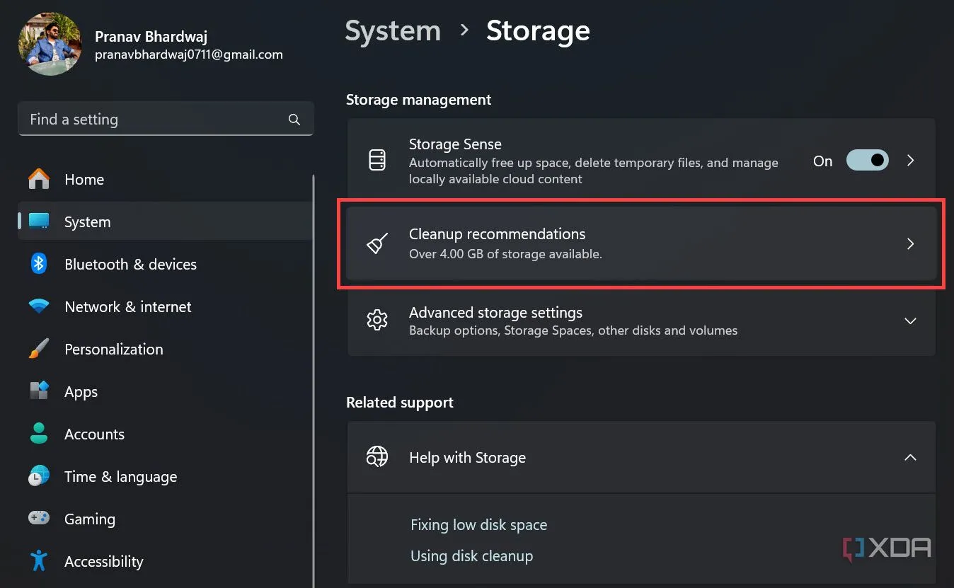 Tùy chọn &quot;Đề xuất dọn dẹp&quot; (Cleanup recommendations) trong cài đặt Lưu trữ của Windows