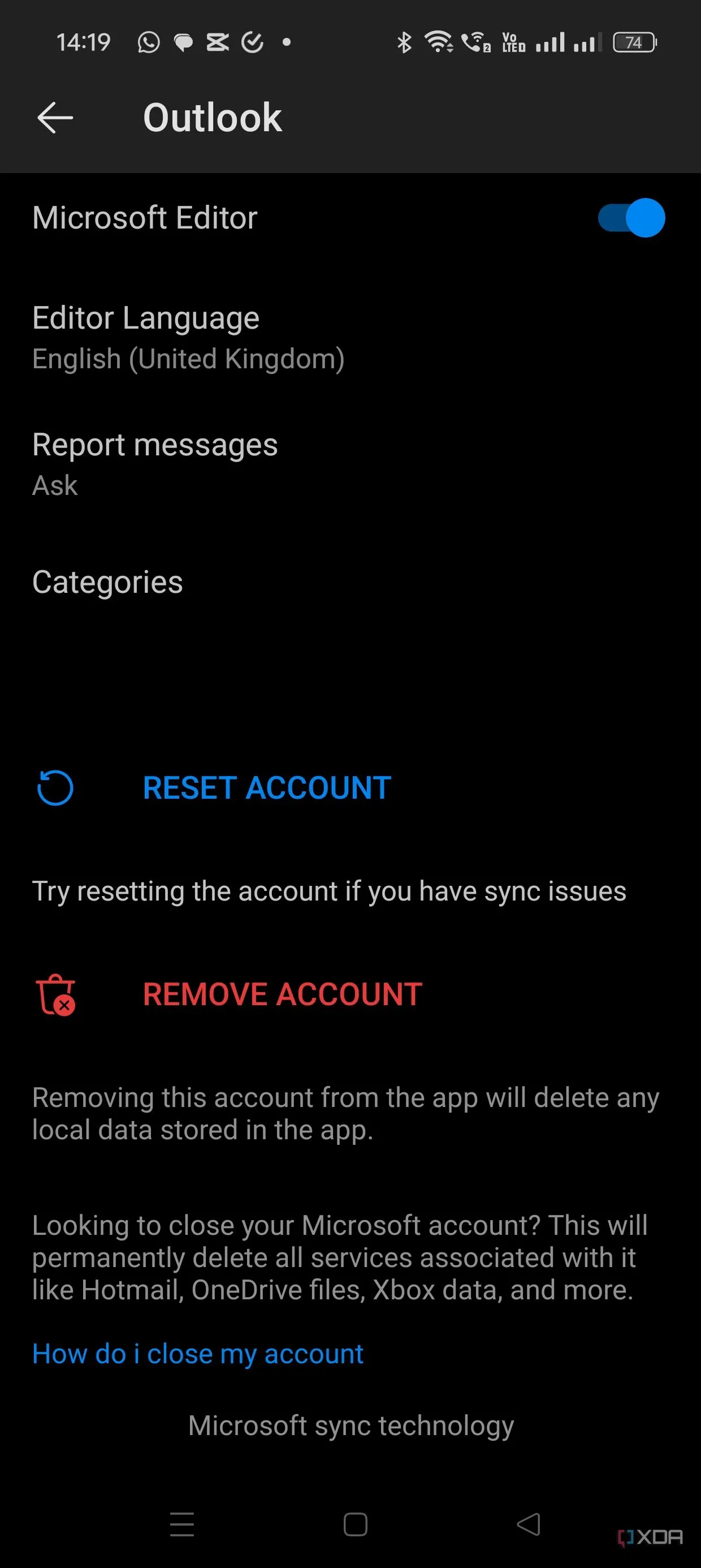 Tùy chọn Gỡ bỏ tài khoản trong cài đặt ứng dụng Outlook trên di động