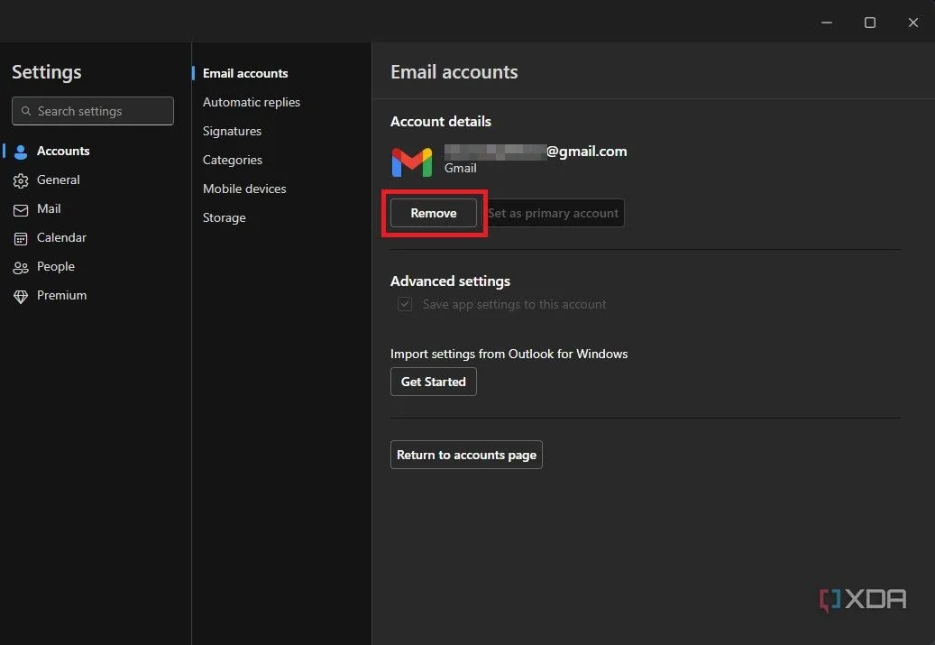 Tùy chọn Gỡ bỏ tài khoản trong ứng dụng Outlook Windows
