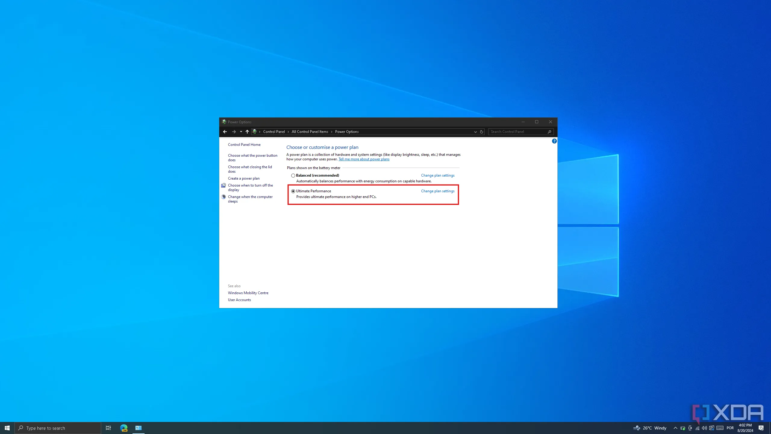 Tùy chọn gói năng lượng hiệu suất cao trong Control Panel Windows 10