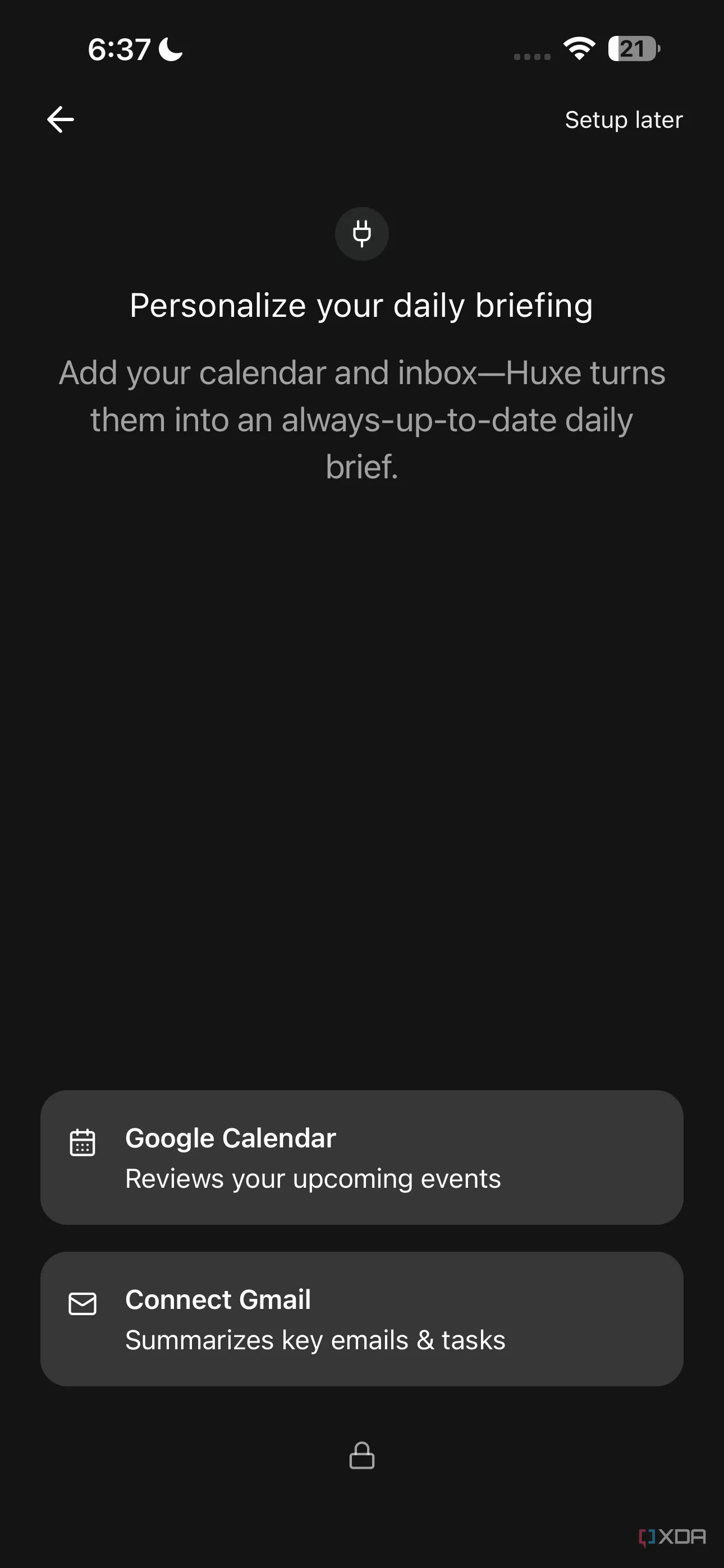 Tùy chọn kết nối tài khoản Google Calendar và Gmail trong ứng dụng Huxe để tối ưu hóa tính năng Daily Briefing.