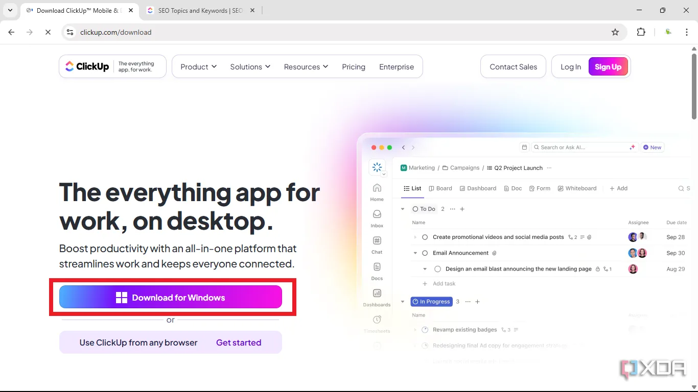 Tùy chọn tải ứng dụng ClickUp cho Windows hoặc sử dụng phiên bản web trực tiếp trên trình duyệt