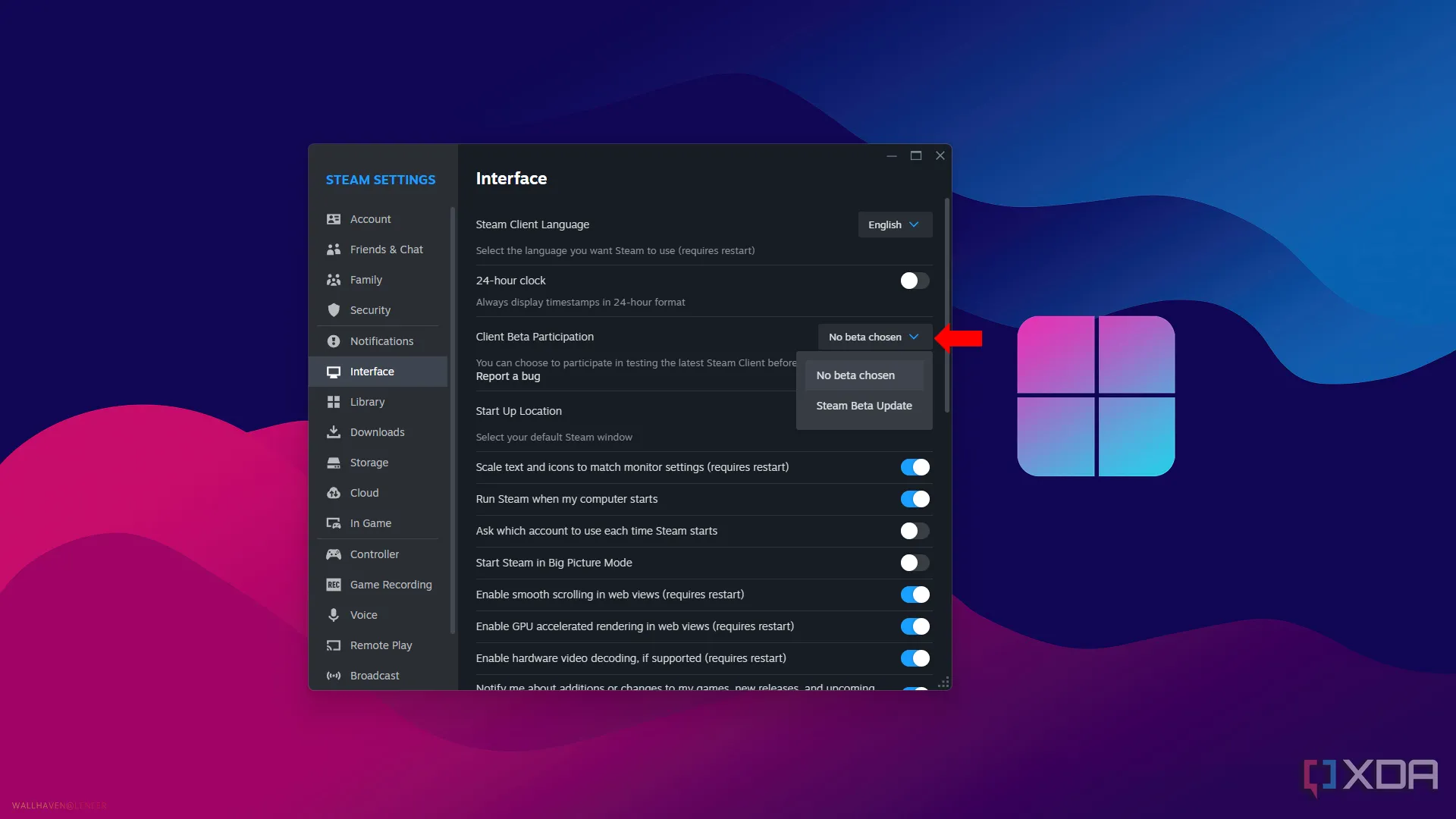 Tùy chọn tham gia Steam Beta trong phần cài đặt giao diện, nhận các bản cập nhật thử nghiệm.