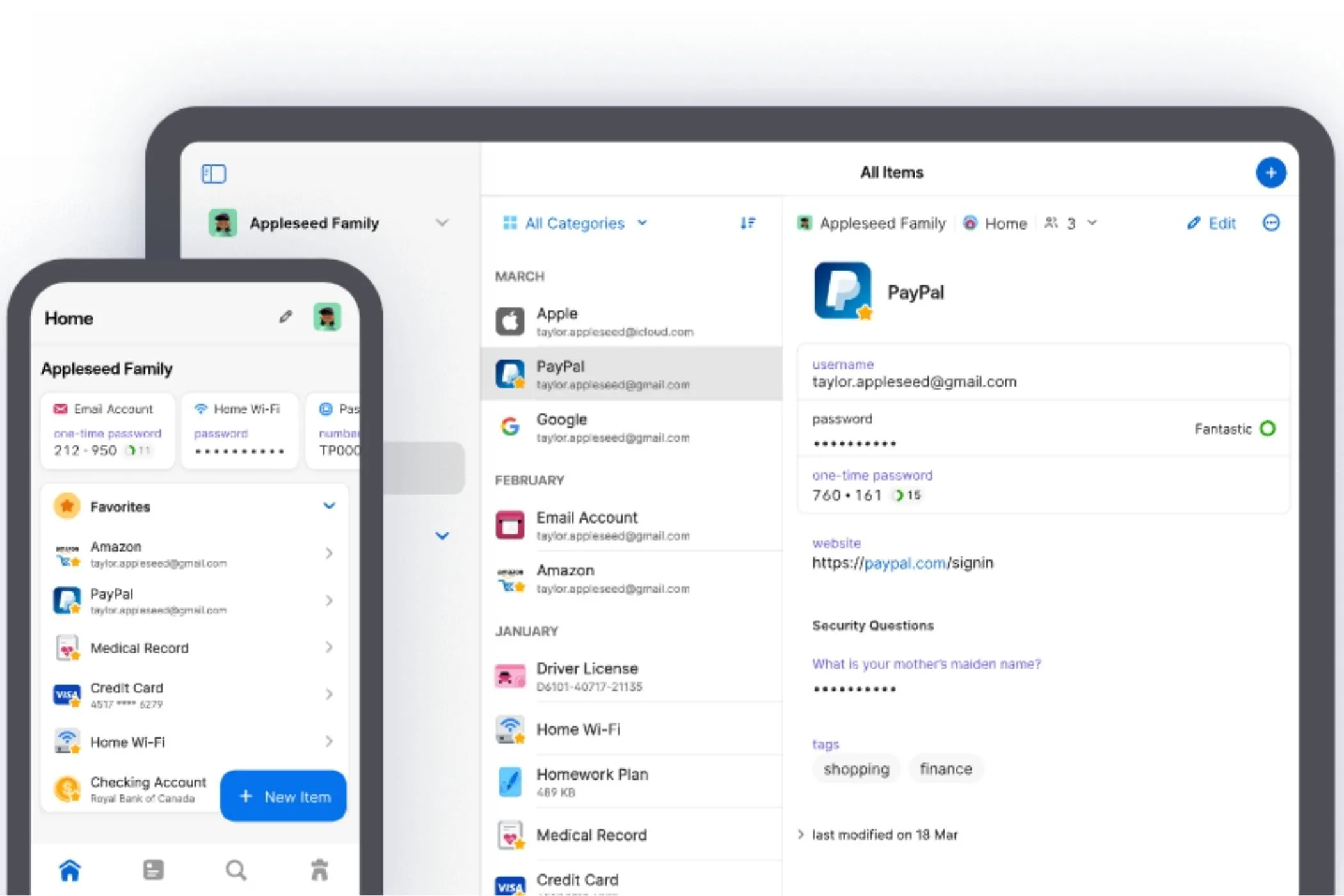 Ứng dụng 1Password hiển thị trên điện thoại di động và giao diện bảng, minh họa khả năng quản lý mật khẩu đa thiết bị