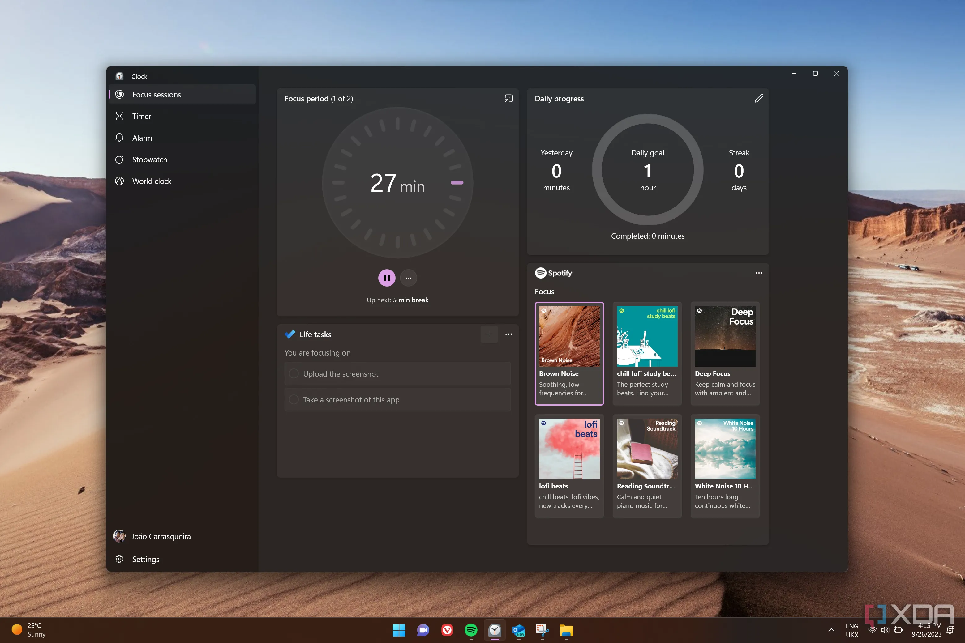 Ứng dụng Đồng Hồ của Windows 11 đang hiển thị trang Phiên làm việc tập trung