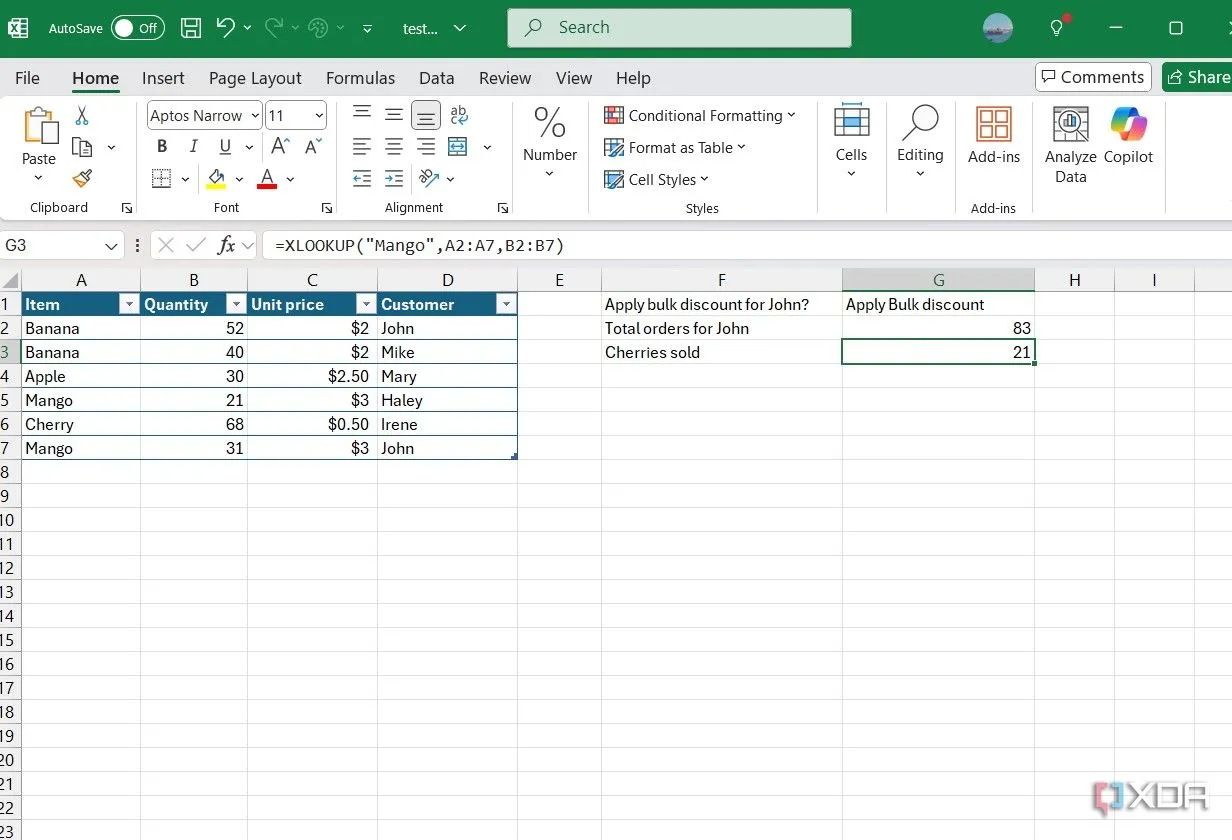 Ứng dụng hàm XLOOKUP trong Excel để tìm số lượng quả cherry đã bán trong bảng dữ liệu