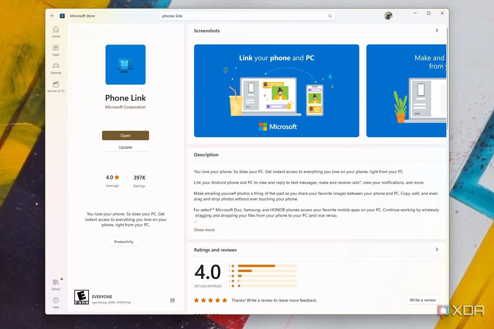 Ứng dụng Phone Link của Microsoft trên Microsoft Store, hỗ trợ trích xuất văn bản từ ảnh điện thoại Android.