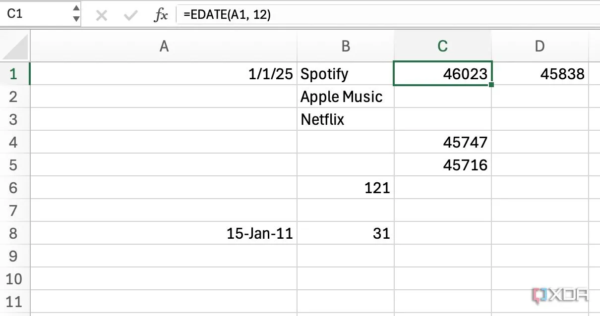 Ví dụ sử dụng hàm EDATE trong Excel để tính ngày