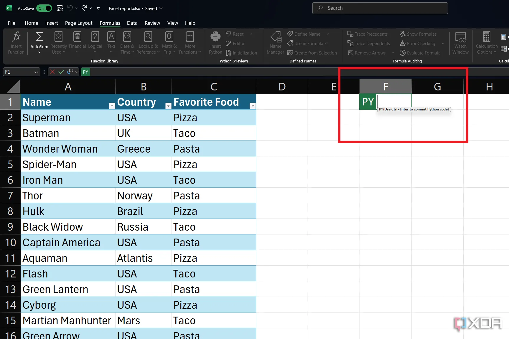 Ví dụ về cách áp dụng hàm Python trong một ô Excel