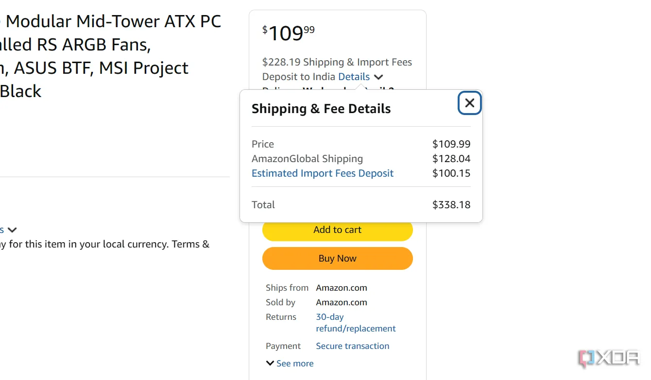 Ví dụ về chi phí vận chuyển và thuế nhập khẩu một vỏ case PC từ Amazon, minh họa tổng chi phí bị đội lên.