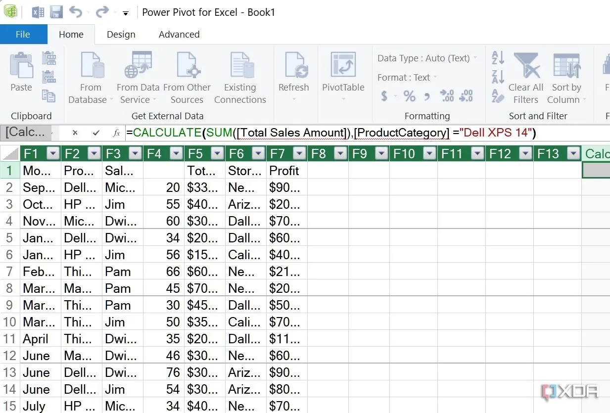 Ví dụ về công thức DAX được áp dụng trong Power Pivot để phân tích dữ liệu