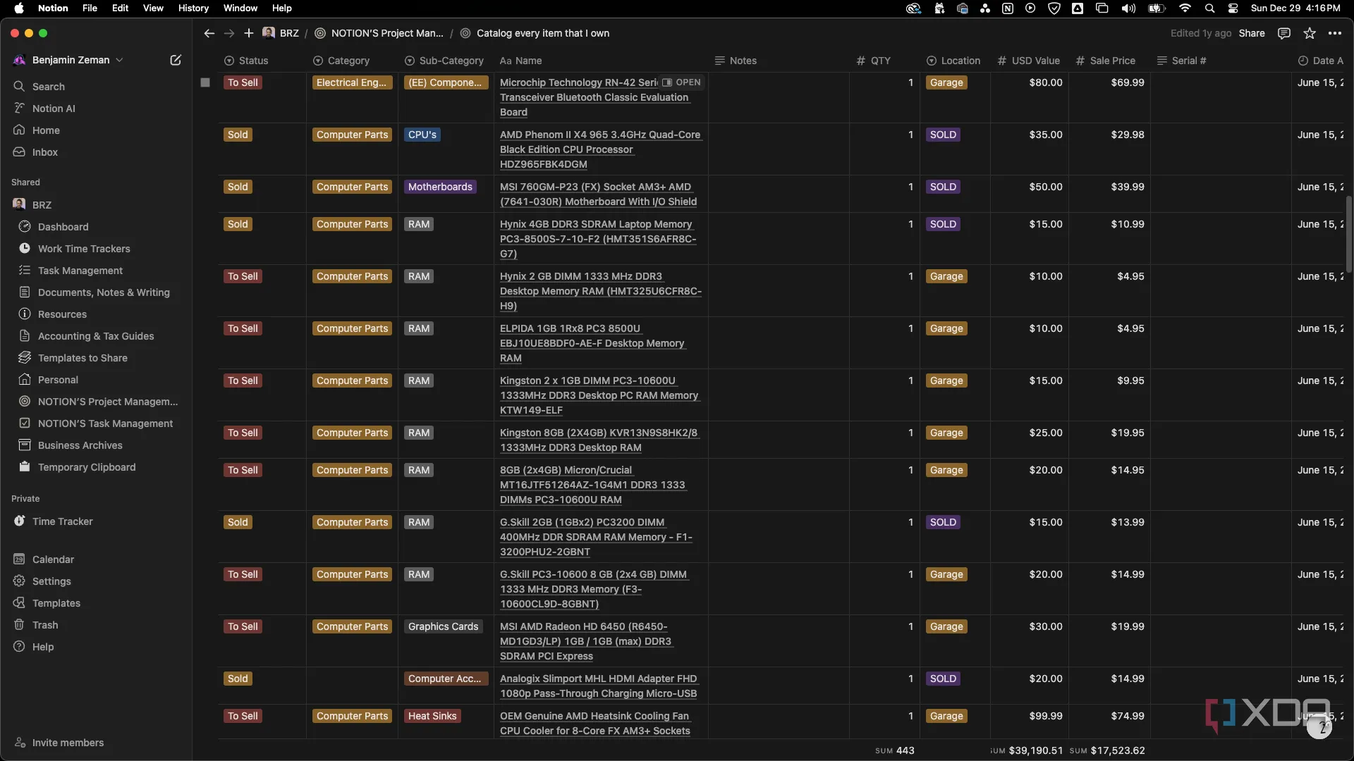 Ví dụ về database Notion quản lý tồn kho và tài sản