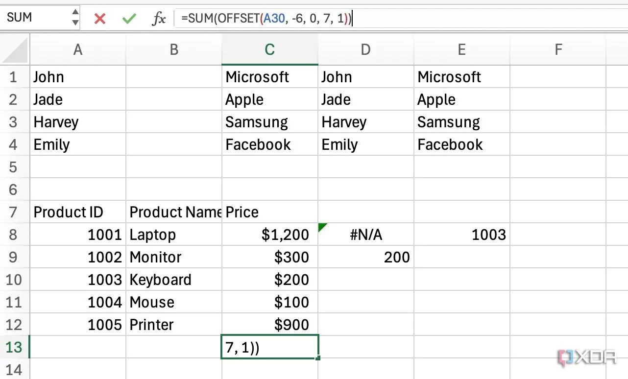 Ví dụ về hàm OFFSET để tạo vùng tham chiếu động trong Excel