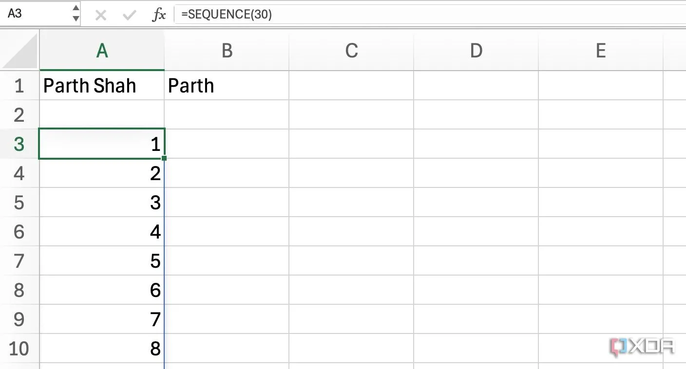 Ví dụ về hàm SEQUENCE trong Excel tạo ra một dãy số tự động