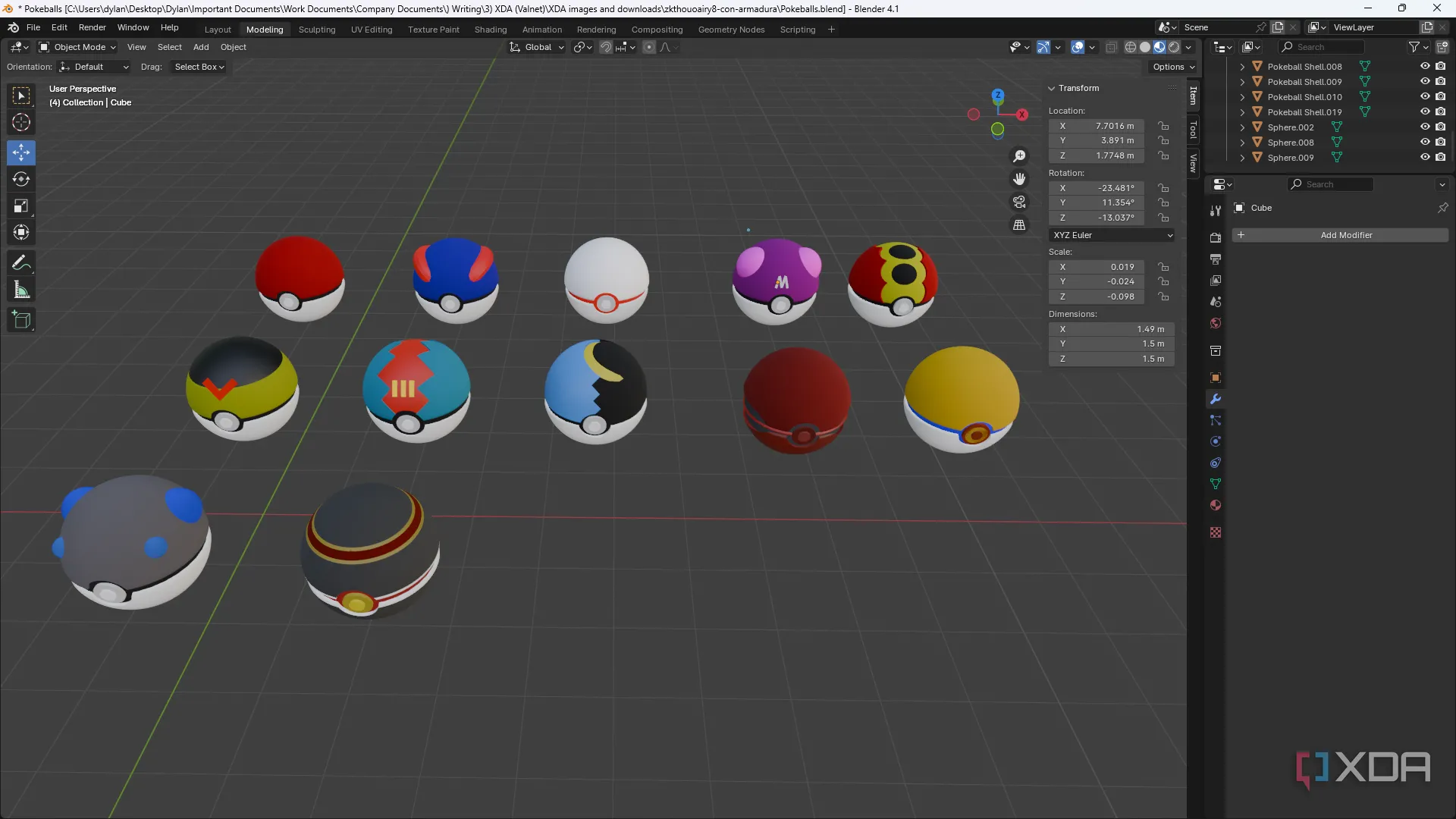 Ví dụ về nhiều mô hình 3D Pokeball được tạo và chỉnh sửa trong Blender với quy trình làm việc không phá hủy