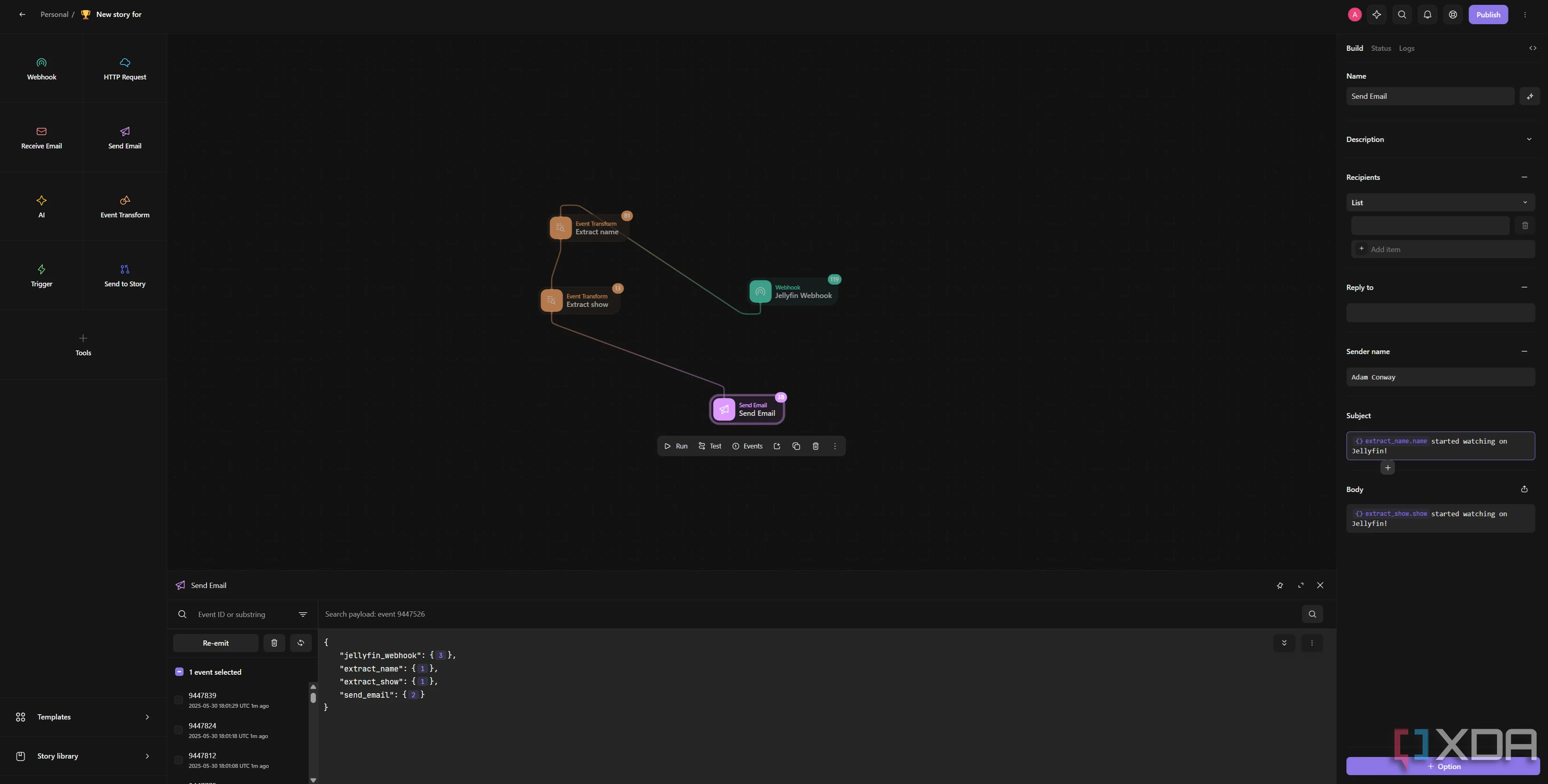 Ví dụ workflow tự động hóa Jellyfin qua webhook trên Tines