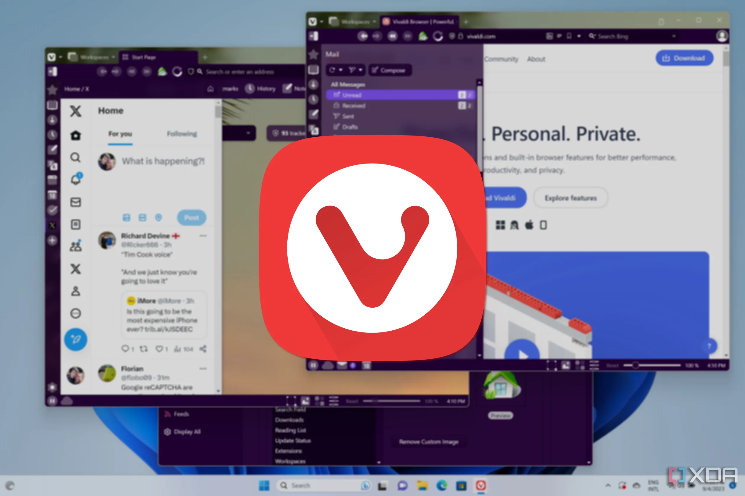 Vivaldi 7.1 - Nhiều cửa sổ trình duyệt Vivaldi với logo nổi bật
