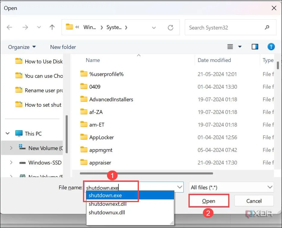 Xác nhận chọn file shutdown.exe từ thư mục System32