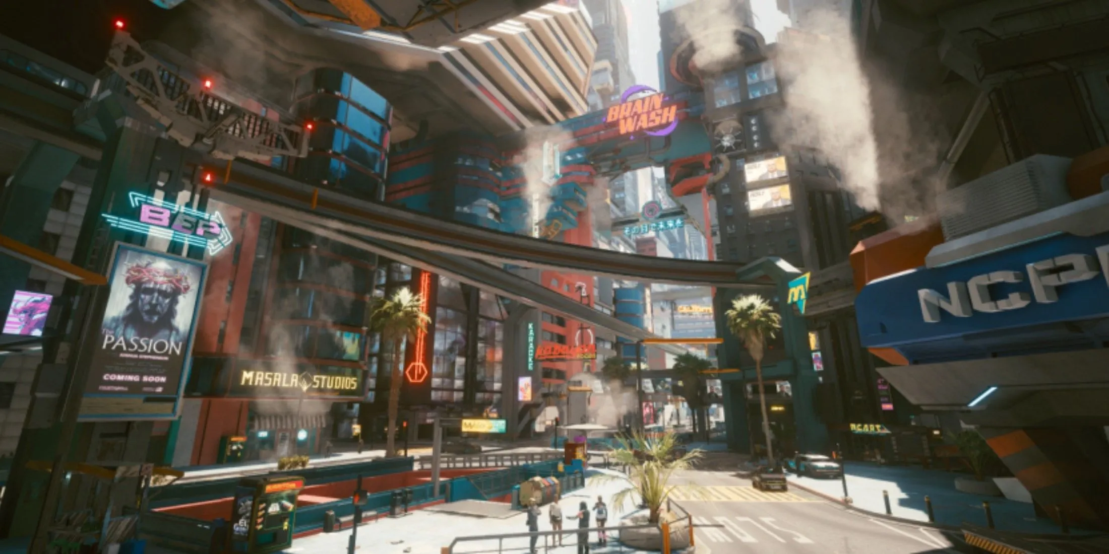 Xe cảnh sát NCPD tuần tra trên những con phố tấp nập của Night City, minh họa không khí căng thẳng trong Cyberpunk 2077.