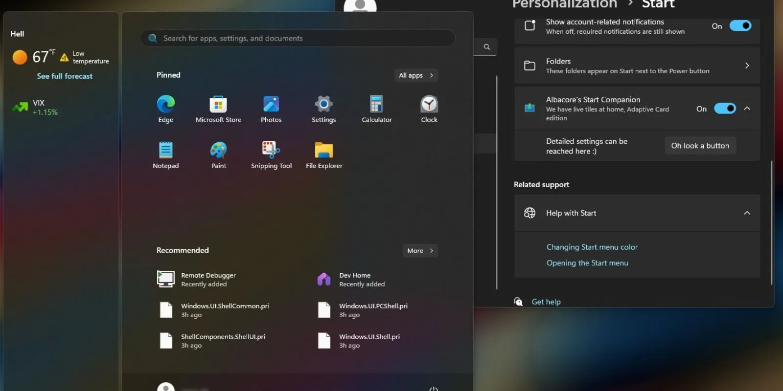 Ý tưởng bảng điều khiển phụ tùy chỉnh tích hợp vào Menu Start Windows 11