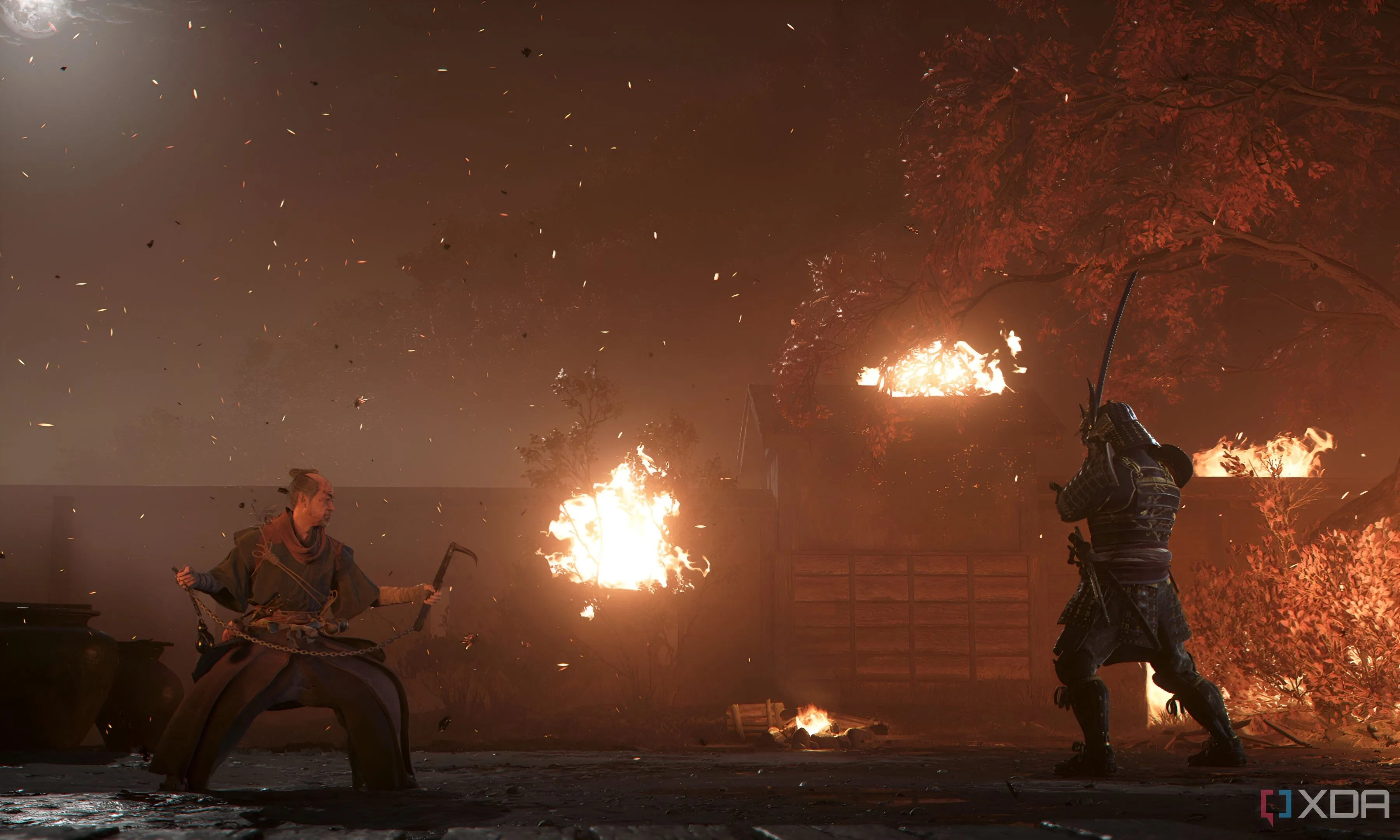 Yasuke chiến đấu dưới trời mưa trong Assassin's Creed Shadows, minh họa việc tận dụng yếu tố thời tiết để che giấu hành động