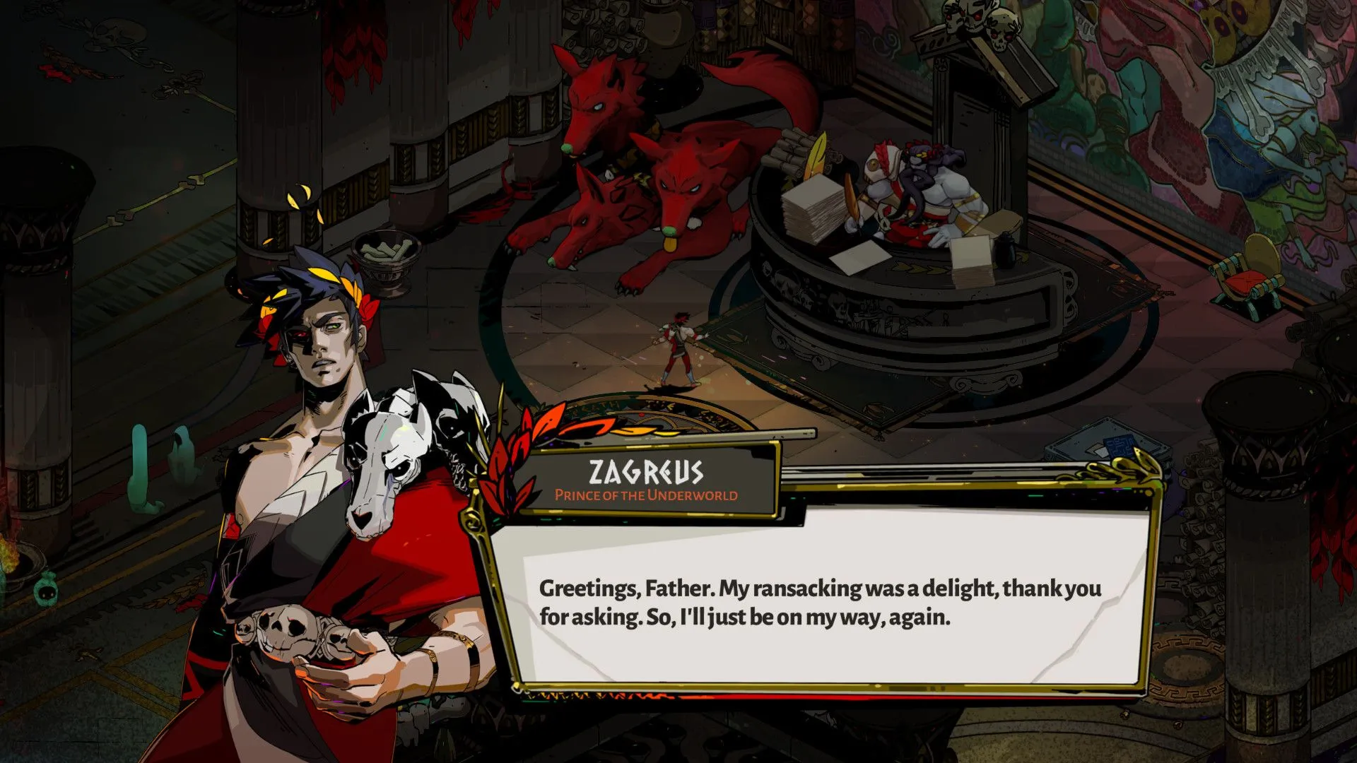 Zagreus đối mặt với một tên trùm hoặc kẻ thù mạnh mẽ trong Hades.